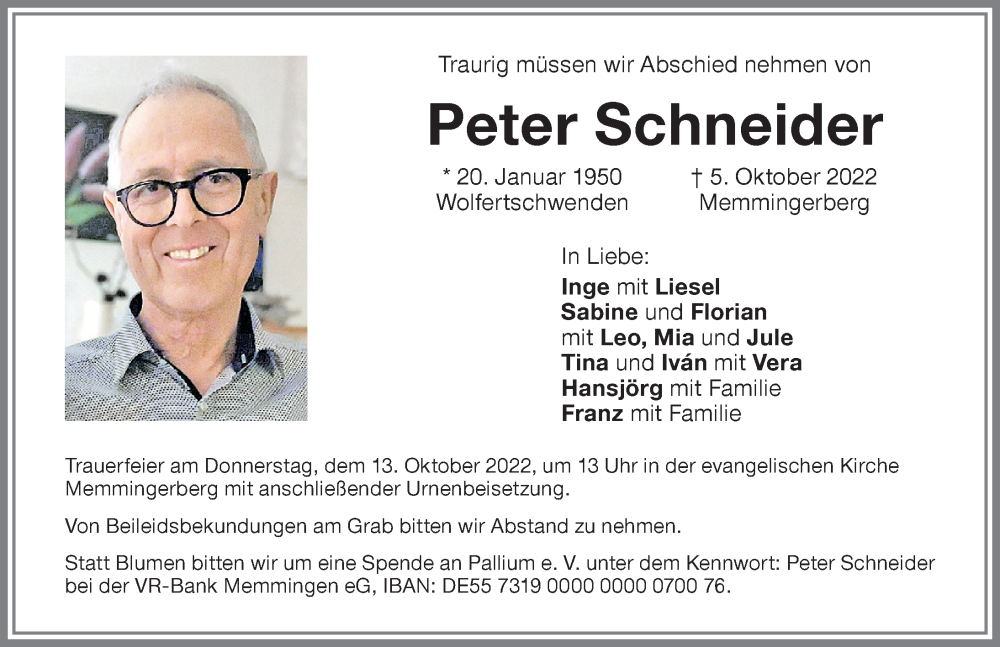 Traueranzeige von Peter Schneider von Memminger Zeitung