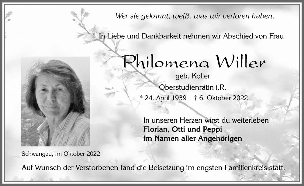  Traueranzeige für Philomena Willer vom 27.10.2022 aus Allgäuer Zeitung, Füssen