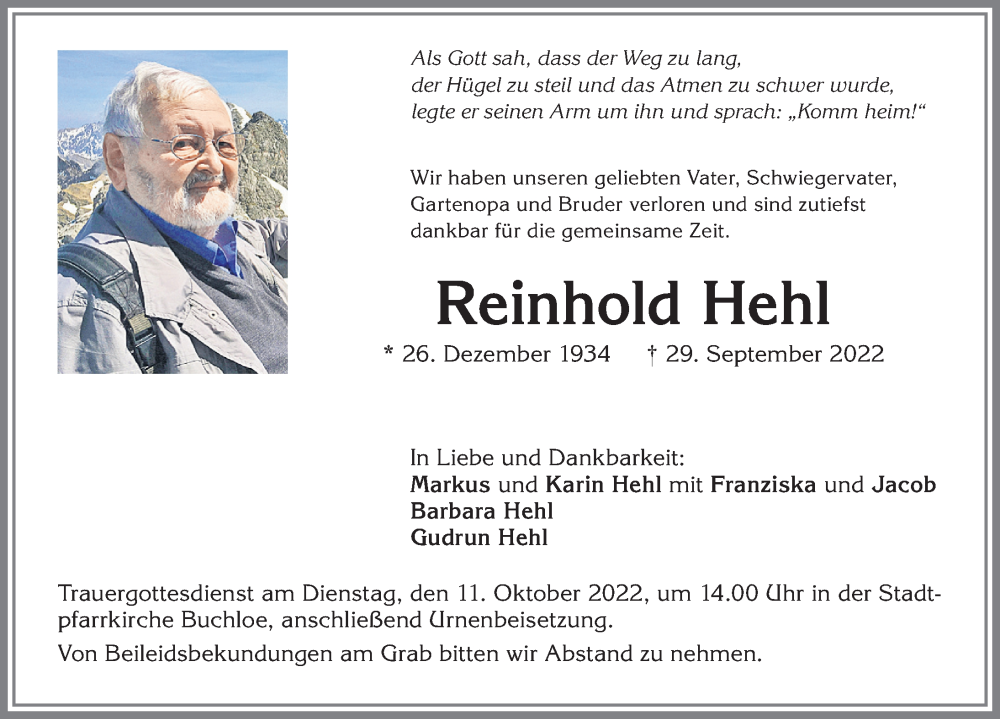 Traueranzeige von Reinhold Hehl von Allgäuer Zeitung, Kaufbeuren/Buchloe