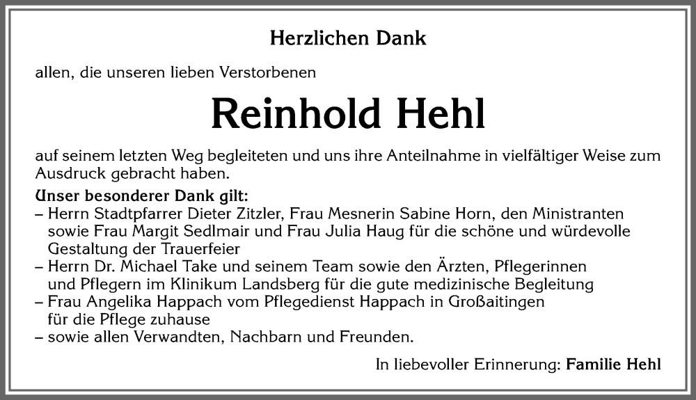 Traueranzeige von Reinhold Hehl von Allgäuer Zeitung, Kaufbeuren/Buchloe