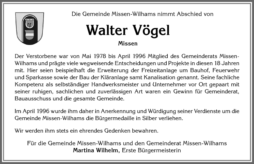 Traueranzeige von Walter Vögel von Allgäuer Anzeigeblatt