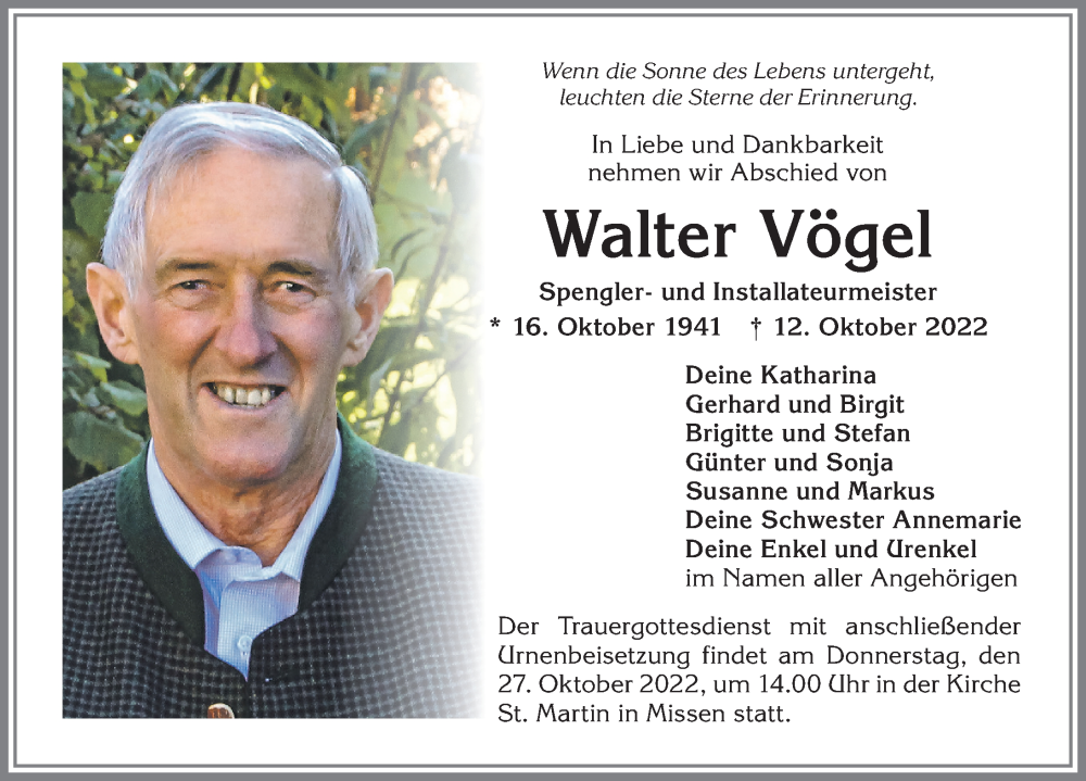 Traueranzeige von Walter Vögel von Allgäuer Anzeigeblatt