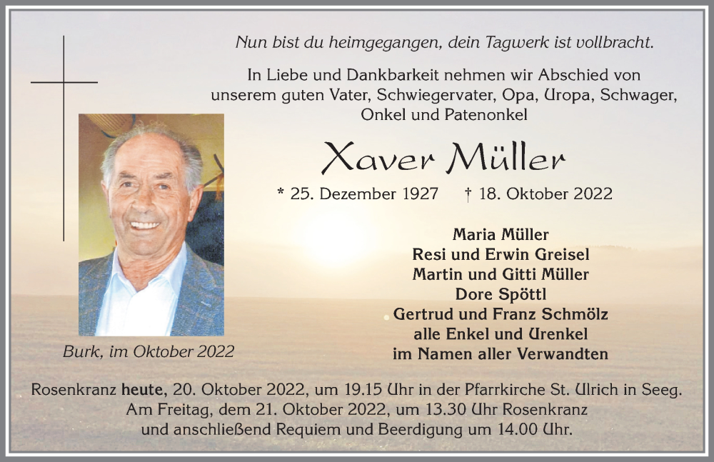  Traueranzeige für Xaver Müller vom 20.10.2022 aus Allgäuer Zeitung, Füssen