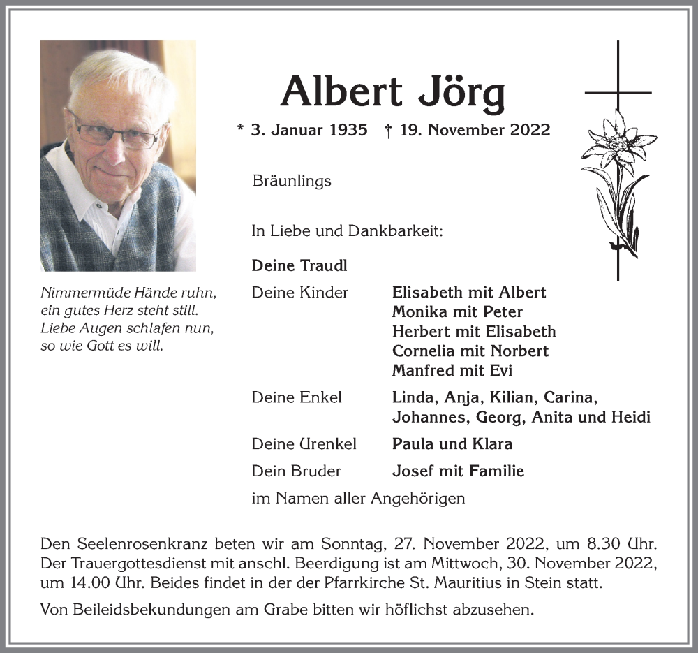 Traueranzeige von Albert Jörg von Allgäuer Anzeigeblatt