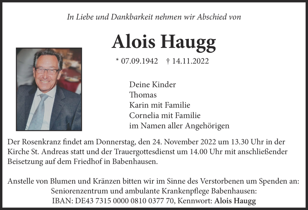  Traueranzeige für Alois Haugg vom 22.11.2022 aus Augsburger Allgemeine, Illertisser Zeitung