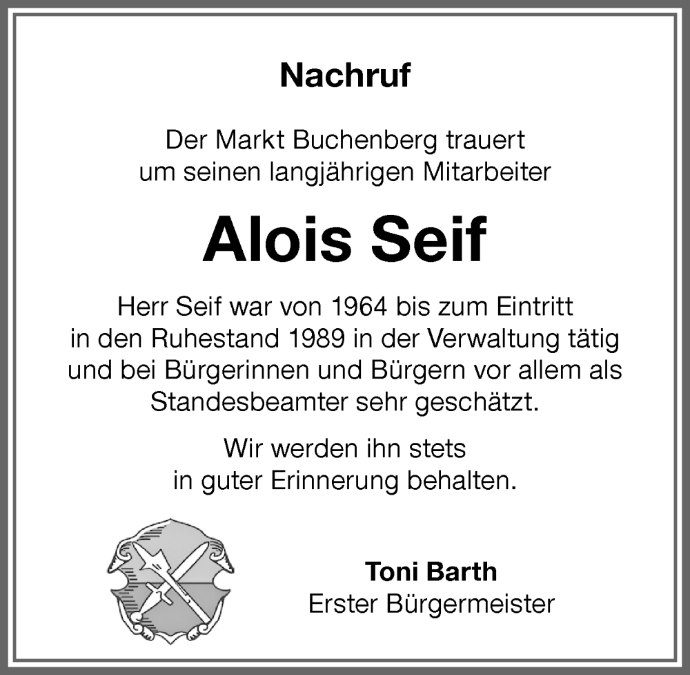 Traueranzeige von Alois Seif von Allgäuer Zeitung,Kempten
