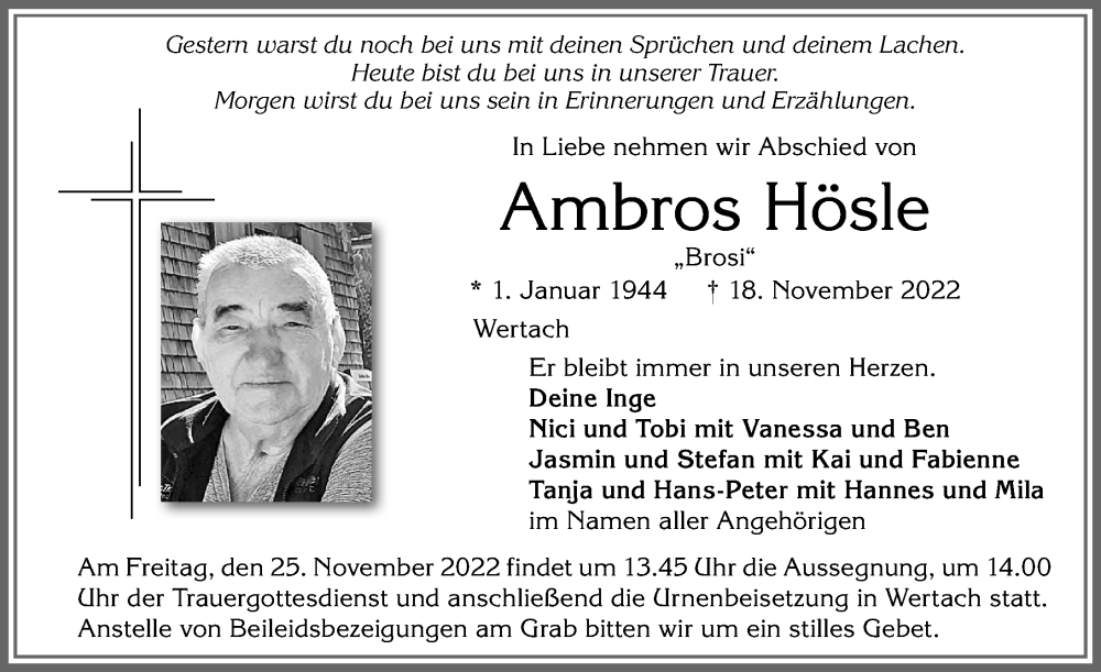 Traueranzeige von Ambros Hösle von Allgäuer Anzeigeblatt