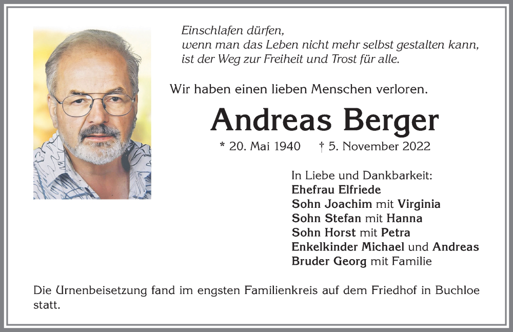 Traueranzeige von Andreas Berger von Allgäuer Zeitung, Kaufbeuren/Buchloe