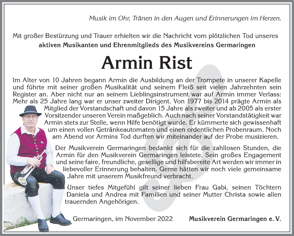 Traueranzeige von Armin Rist von Allgäuer Zeitung, Kaufbeuren/Buchloe