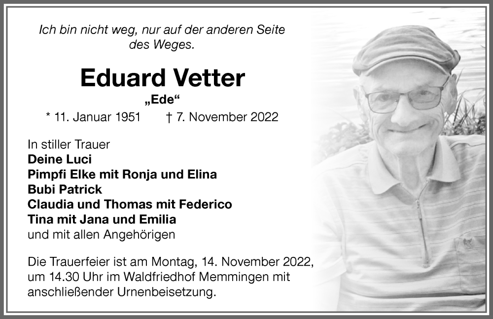  Traueranzeige für Eduard Vetter vom 12.11.2022 aus Memminger Zeitung