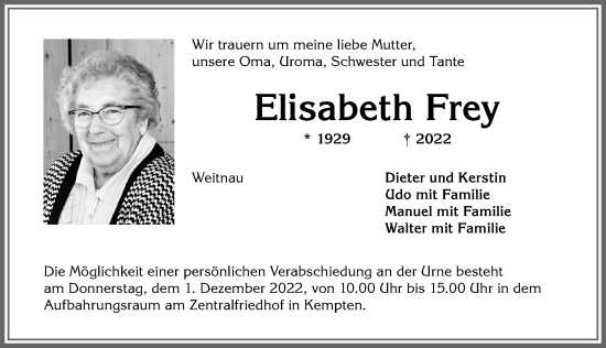 Traueranzeigen von Elisabeth Frey | Augsburger Allgemeine Zeitung