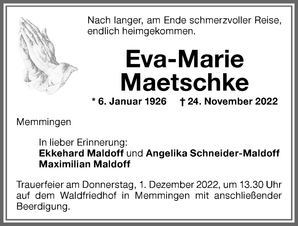 Traueranzeige von Eva-Marie Maetschke von Memminger Zeitung