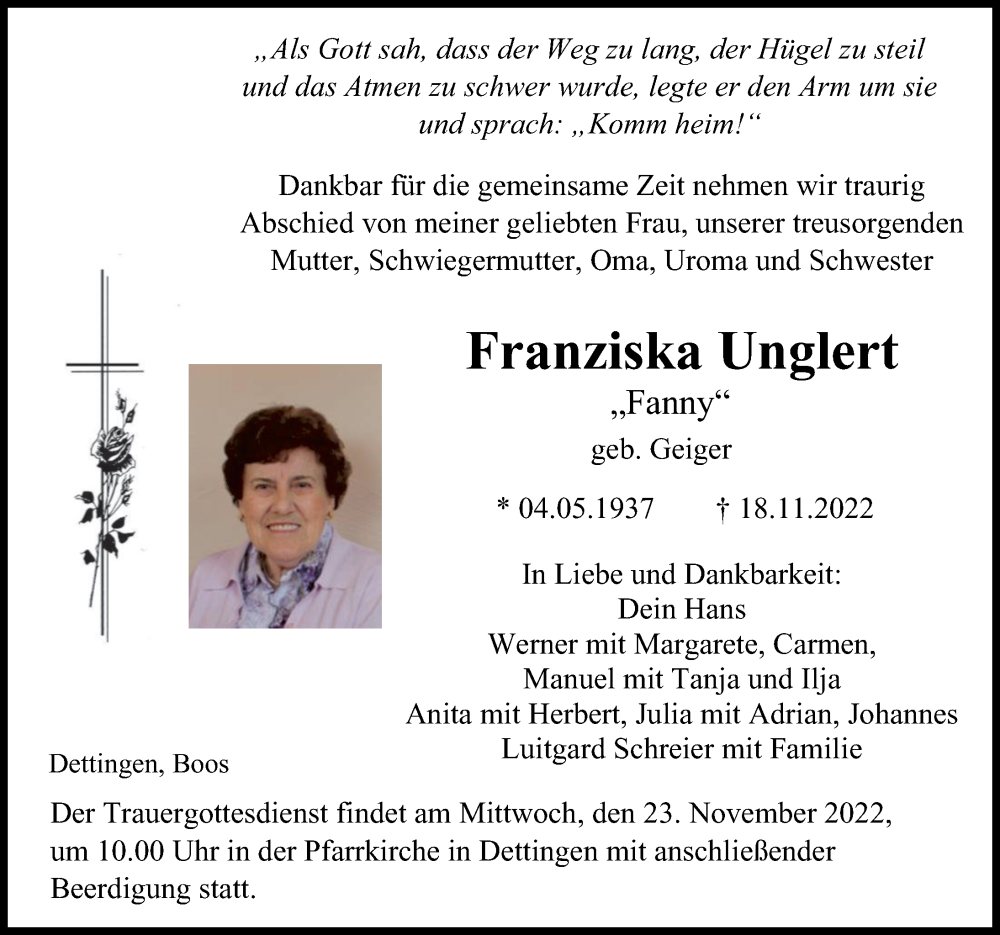  Traueranzeige für Franziska Unglert vom 22.11.2022 aus Augsburger Allgemeine, Illertisser Zeitung