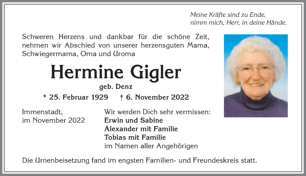 Traueranzeigen von Hermine Gigler | Augsburger Allgemeine Zeitung