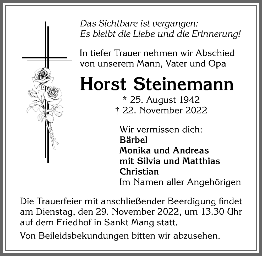 Traueranzeige von Horst Steinemann von Allgäuer Zeitung,Kempten