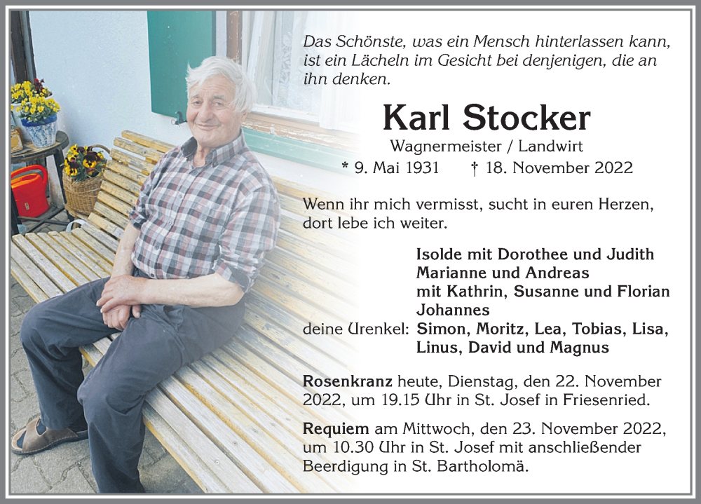 Traueranzeige von Karl Stocker von Allgäuer Zeitung, Kaufbeuren/Buchloe