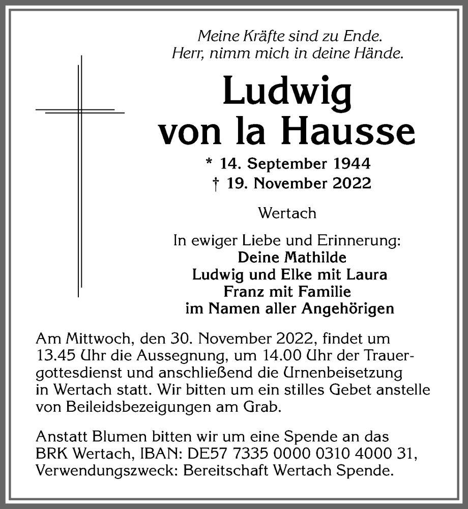 Traueranzeige von Ludwig von la Hausse von Allgäuer Anzeigeblatt