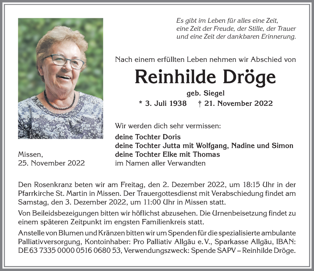 Traueranzeige von Reinhilde Dröge von Allgäuer Zeitung,Kempten