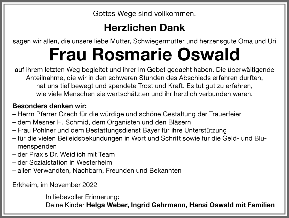 Traueranzeigen Von Rosmarie Oswald | Augsburger Allgemeine Zeitung