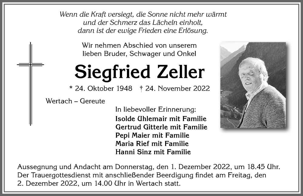 Traueranzeige von Siegfried Zeller von Allgäuer Anzeigeblatt