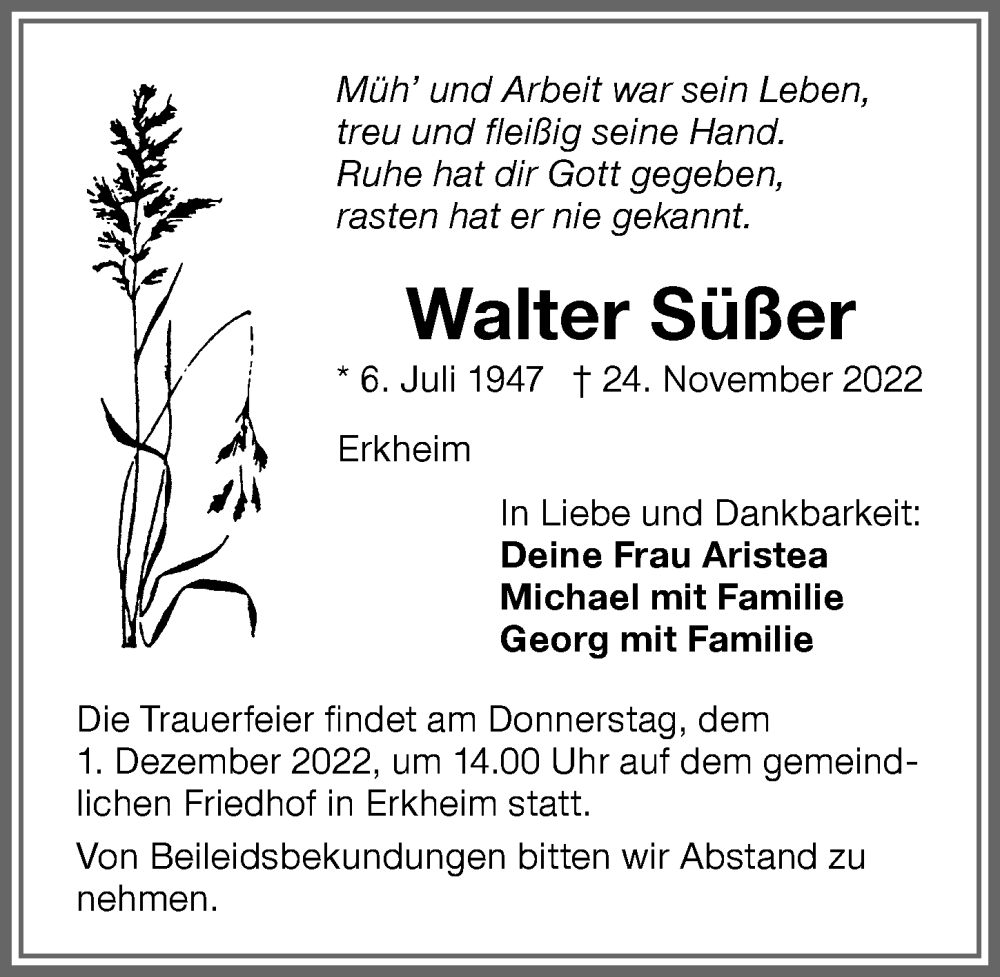 Traueranzeige von Walter Süßer von Memminger Zeitung