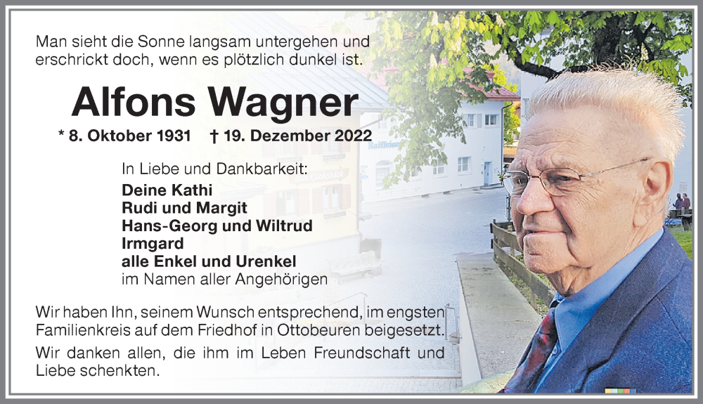 Traueranzeige von Alfons Wagner von Memminger Zeitung