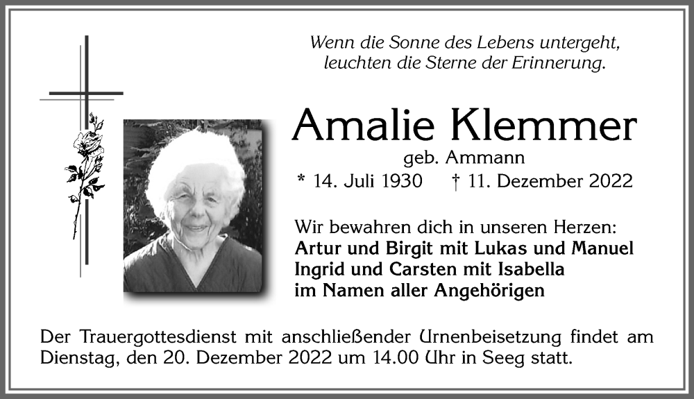 Traueranzeige von Amalie Klemmer von Allgäuer Zeitung, Füssen