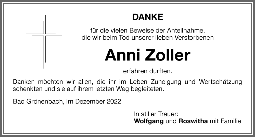 Traueranzeige von Anni Zoller von Memminger Zeitung