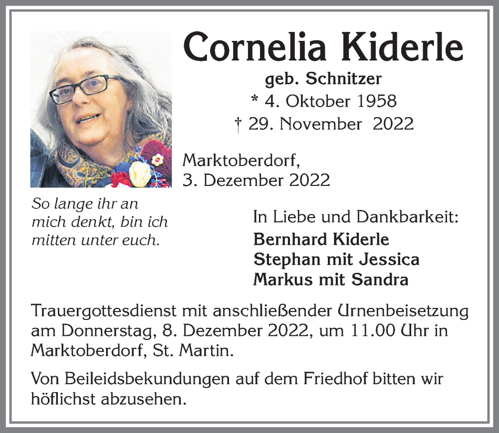 Traueranzeige von Cornelia Kiderle von Allgäuer Zeitung, Marktoberdorf