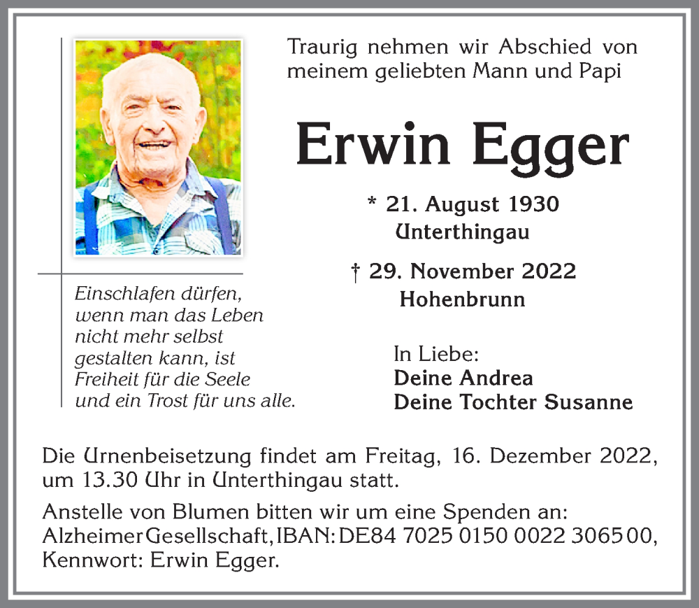 Traueranzeige von Erwin Egger von Allgäuer Zeitung, Marktoberdorf