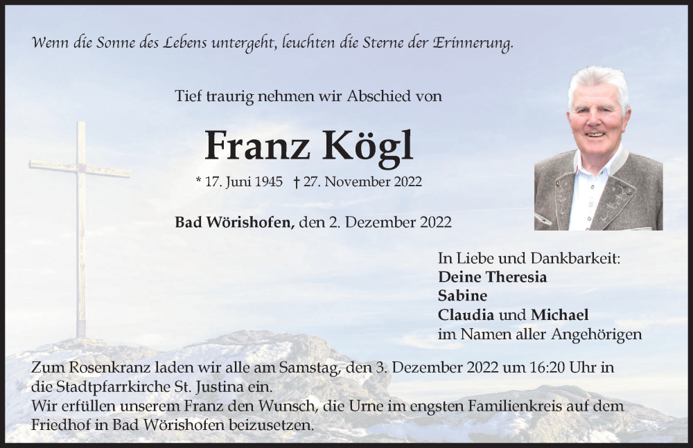  Traueranzeige für Franz Kögl vom 02.12.2022 aus Augsburger Allgemeine, Mindelheimer Zeitung