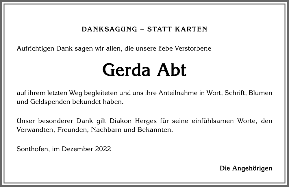 Traueranzeige von Gerda Abt von Allgäuer Anzeigeblatt