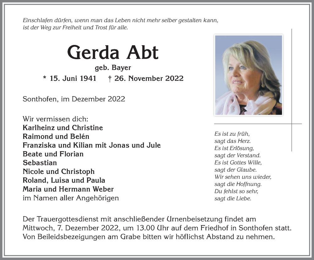 Traueranzeige von Gerda Abt von Allgäuer Anzeigeblatt