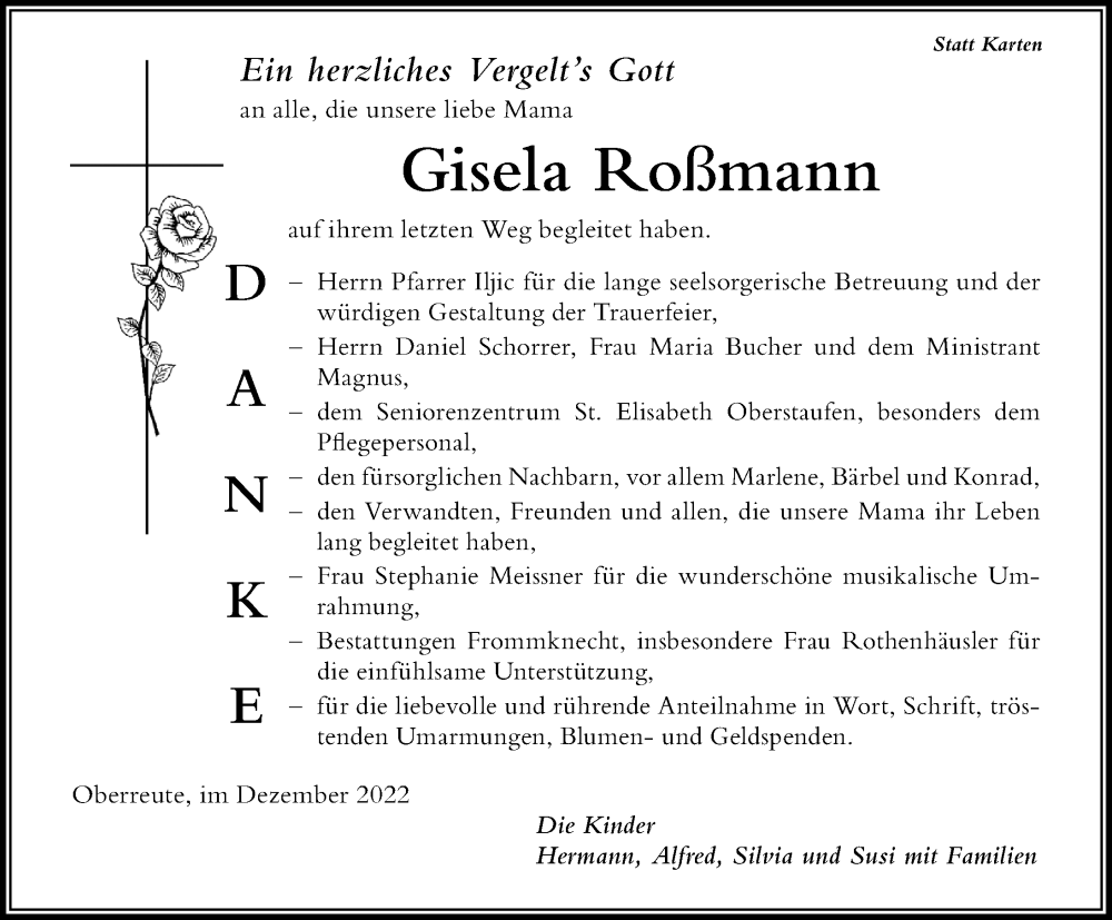 Traueranzeigen Von Gisela Roßmann Augsburger Allgemeine Zeitung