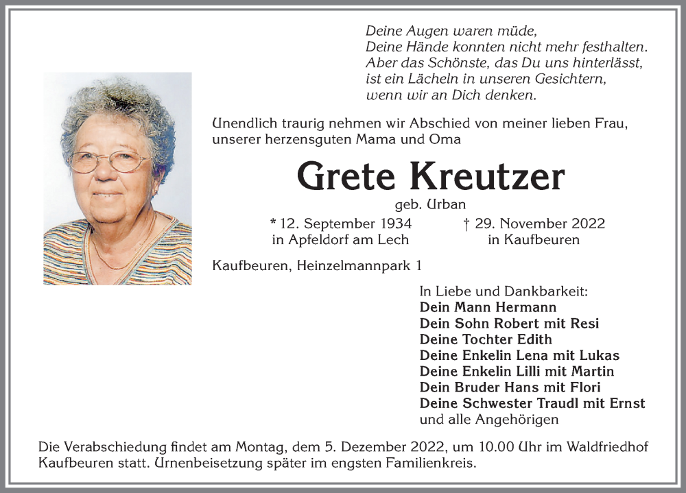 Traueranzeige von Grete Kreutzer von Allgäuer Zeitung, Kaufbeuren/Buchloe