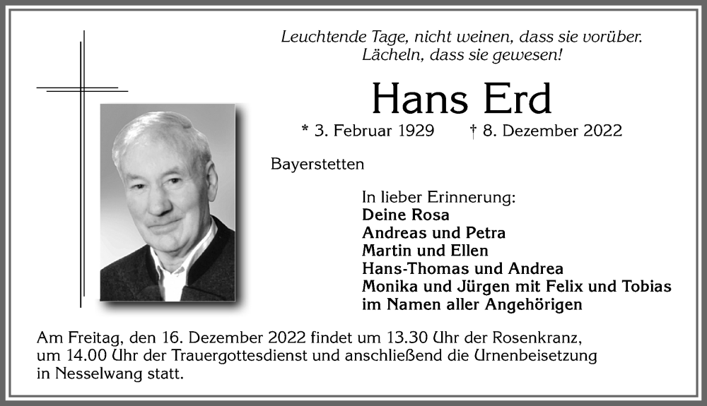 Traueranzeige von Hans Erd von Allgäuer Zeitung, Füssen