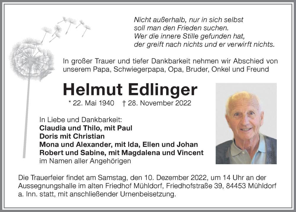 Traueranzeige von Helmut Edlinger von Memminger Zeitung