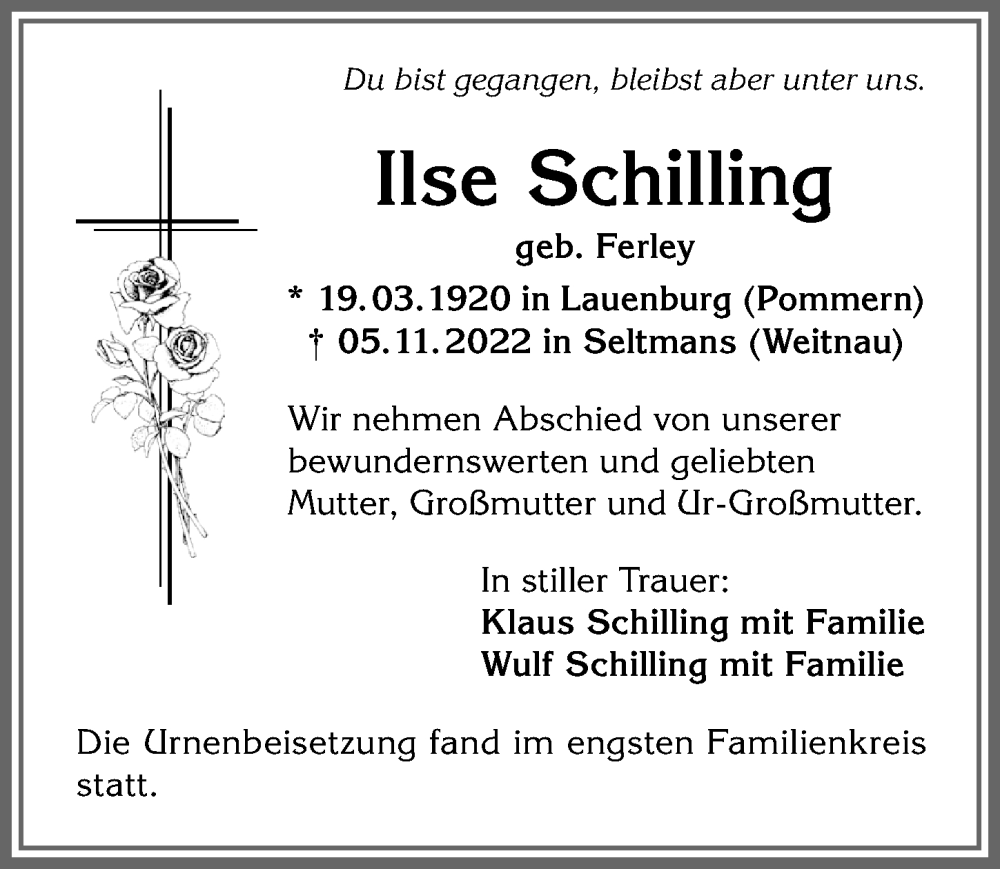 Traueranzeige von Ilse Schilling von Allgäuer Anzeigeblatt