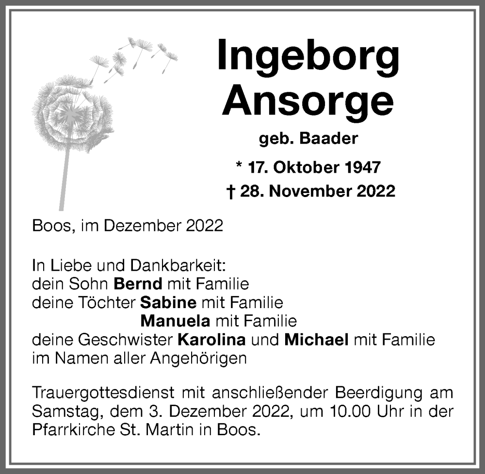 Traueranzeige von Ingeborg Ansorge von Memminger Zeitung