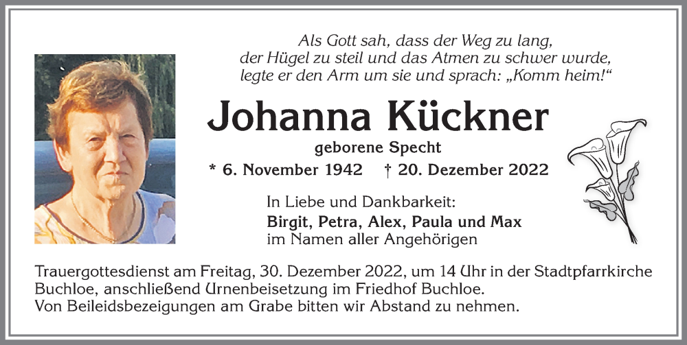 Traueranzeige von Johanna Kückner von Allgäuer Zeitung, Kaufbeuren/Buchloe