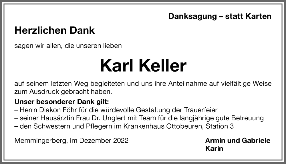 Traueranzeige von Karl Keller von Memminger Zeitung