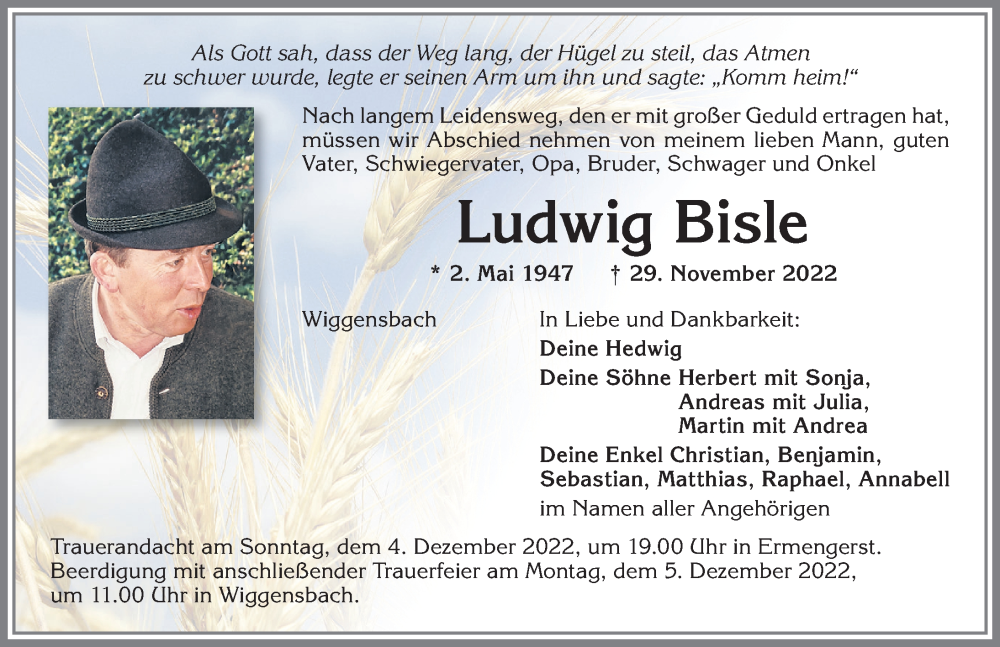 Traueranzeige von Ludwig Bisle von Mindelheimer Zeitung, Augsburger Allgemeine