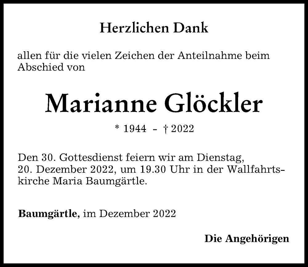  Traueranzeige für Marianne Glöckler vom 17.12.2022 aus Memminger Zeitung
