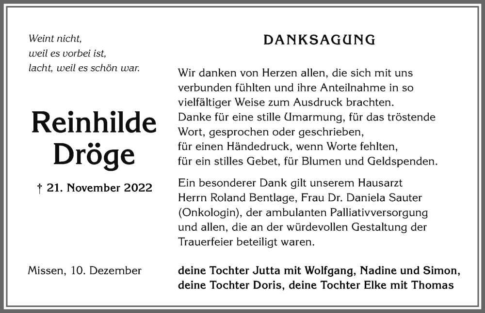 Traueranzeige von Reinhilde Dröge von Allgäuer Zeitung,Kempten