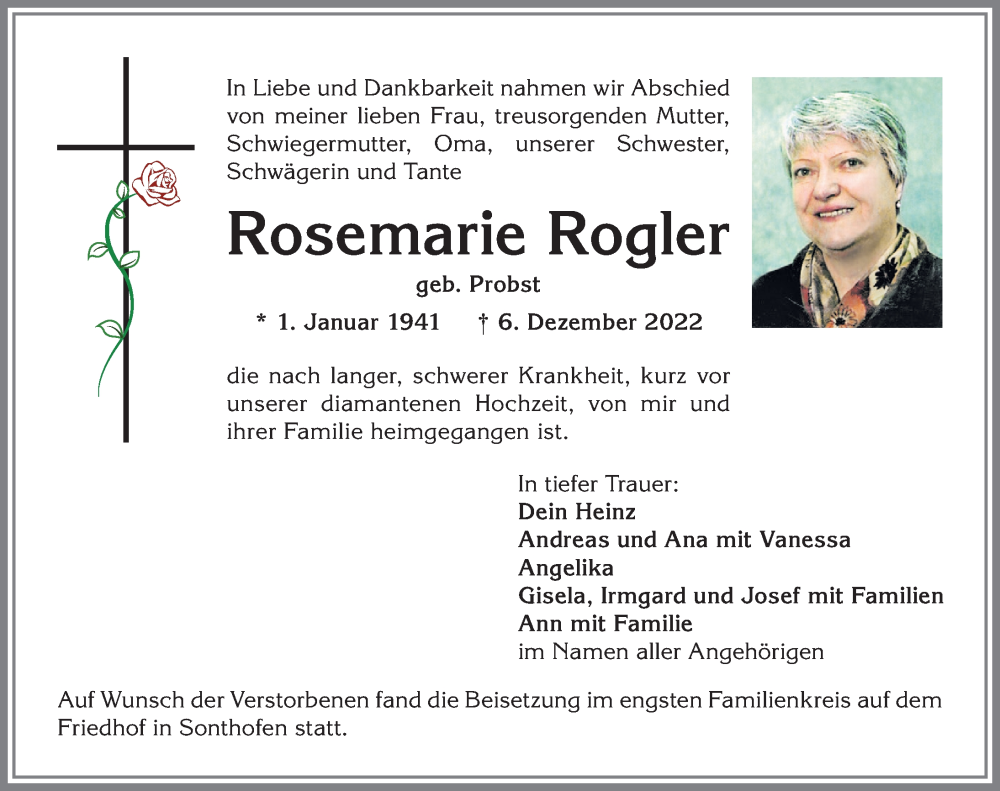 Traueranzeigen von Rosemarie Rogler | Augsburger Allgemeine Zeitung