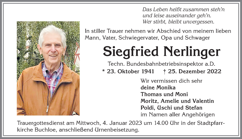 Traueranzeige von Siegfried Nerlinger von Allgäuer Zeitung, Kaufbeuren/Buchloe