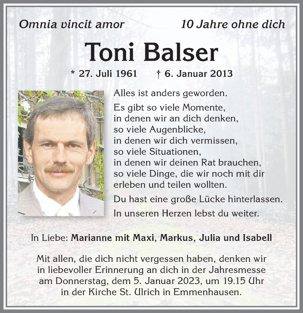 Traueranzeige von Toni Balser von Allgäuer Zeitung, Kaufbeuren/Buchloe