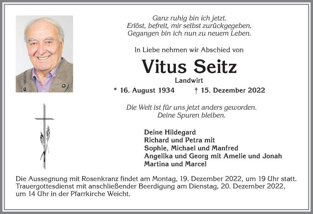 Traueranzeige von Vitus Seitz von Augsburger Allgemeine, Mindelheimer Zeitung