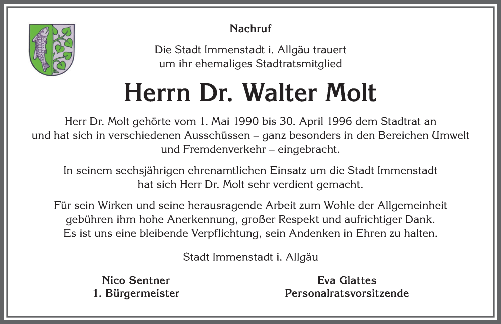 Traueranzeige von Walter Molt von Allgäuer Anzeigeblatt