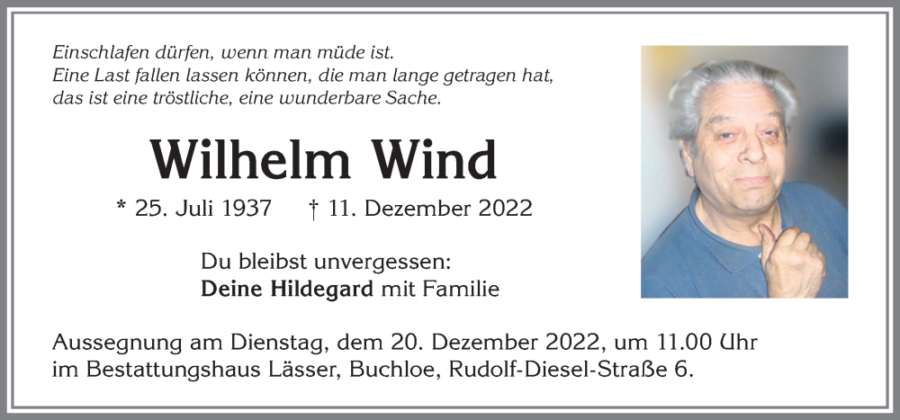 Traueranzeige von Wilhelm Wind von Allgäuer Zeitung, Kaufbeuren/Buchloe